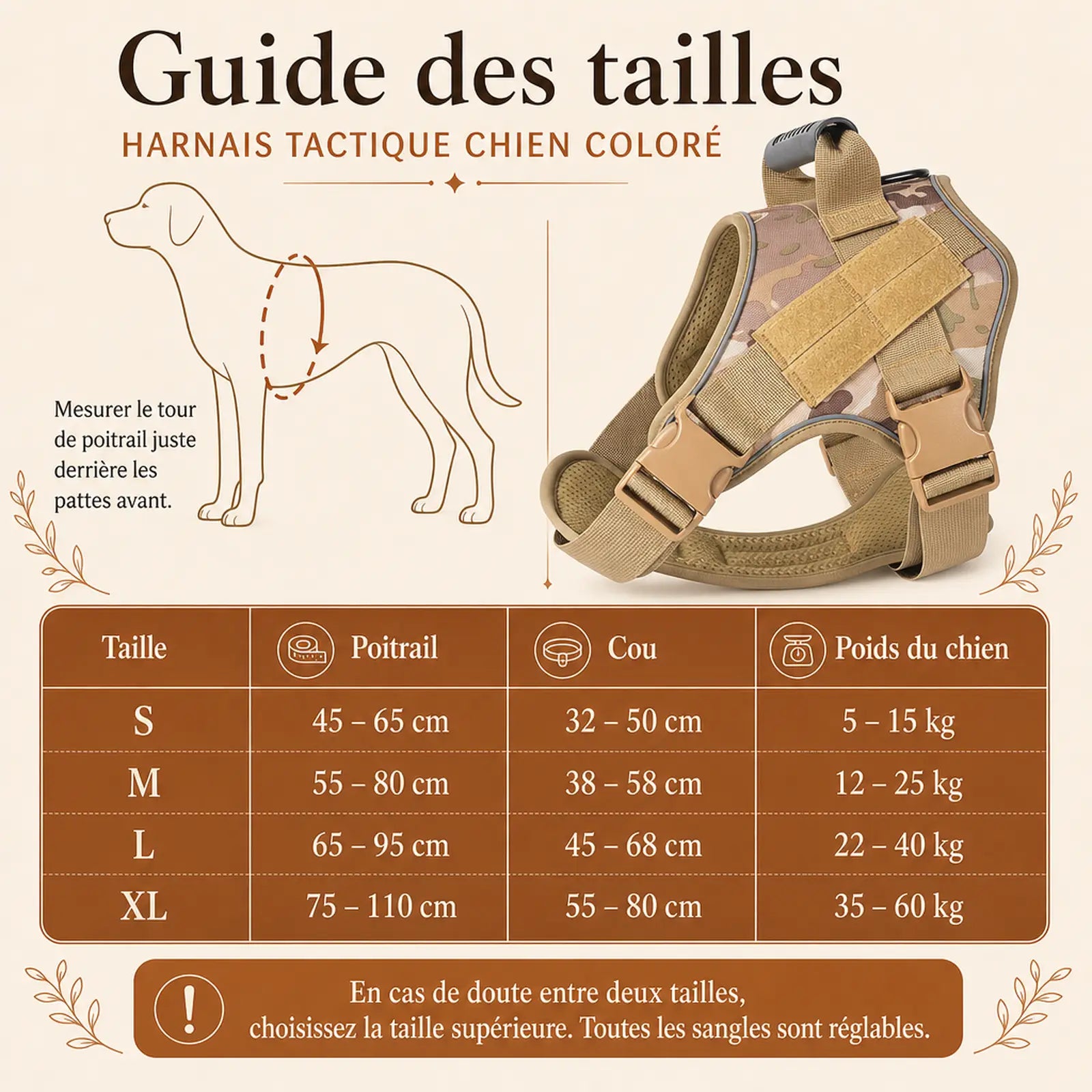 Harnais tactique chien colore - guide des tailles S M L XL