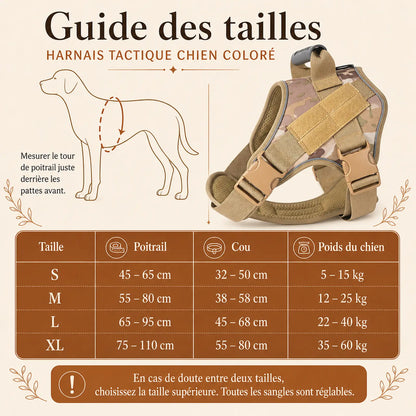 Harnais tactique chien colore - guide des tailles S M L XL