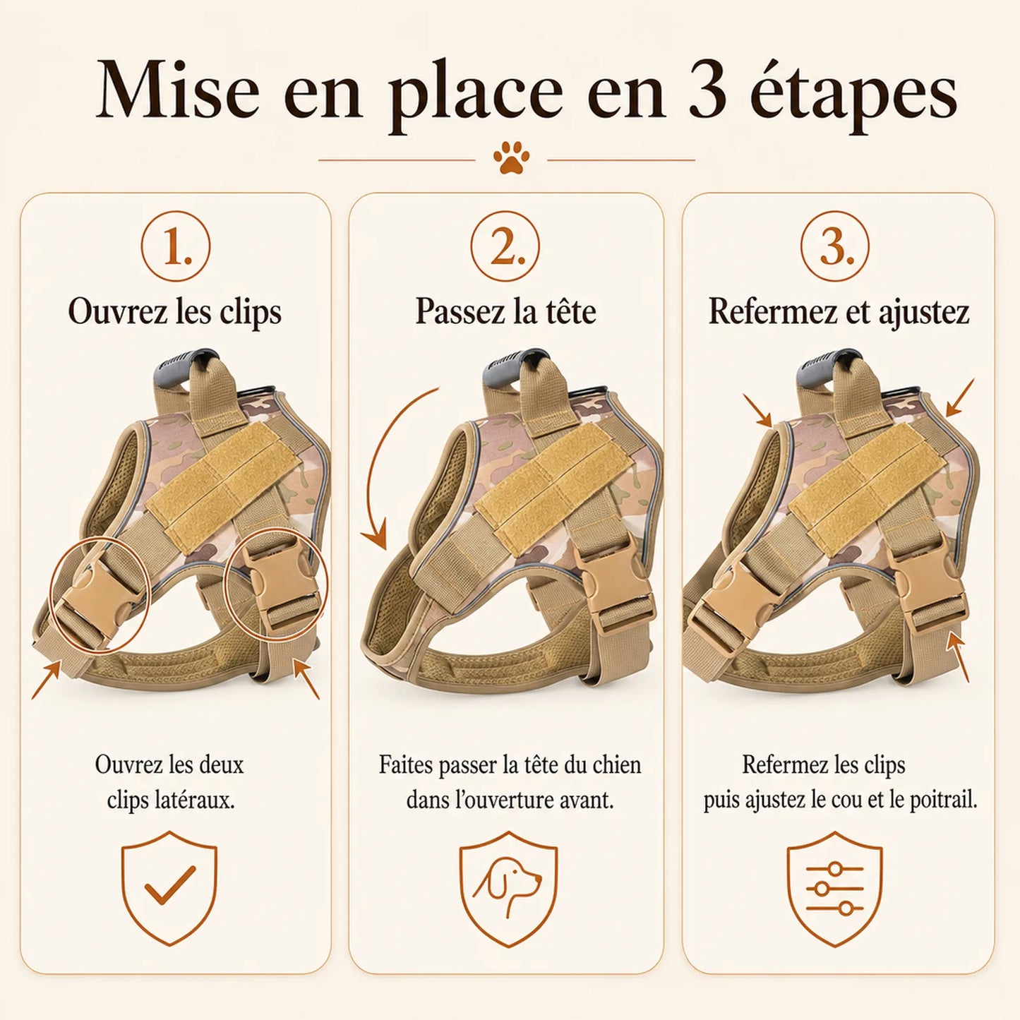 Harnais tactique chien colore - mise en place en 3 etapes