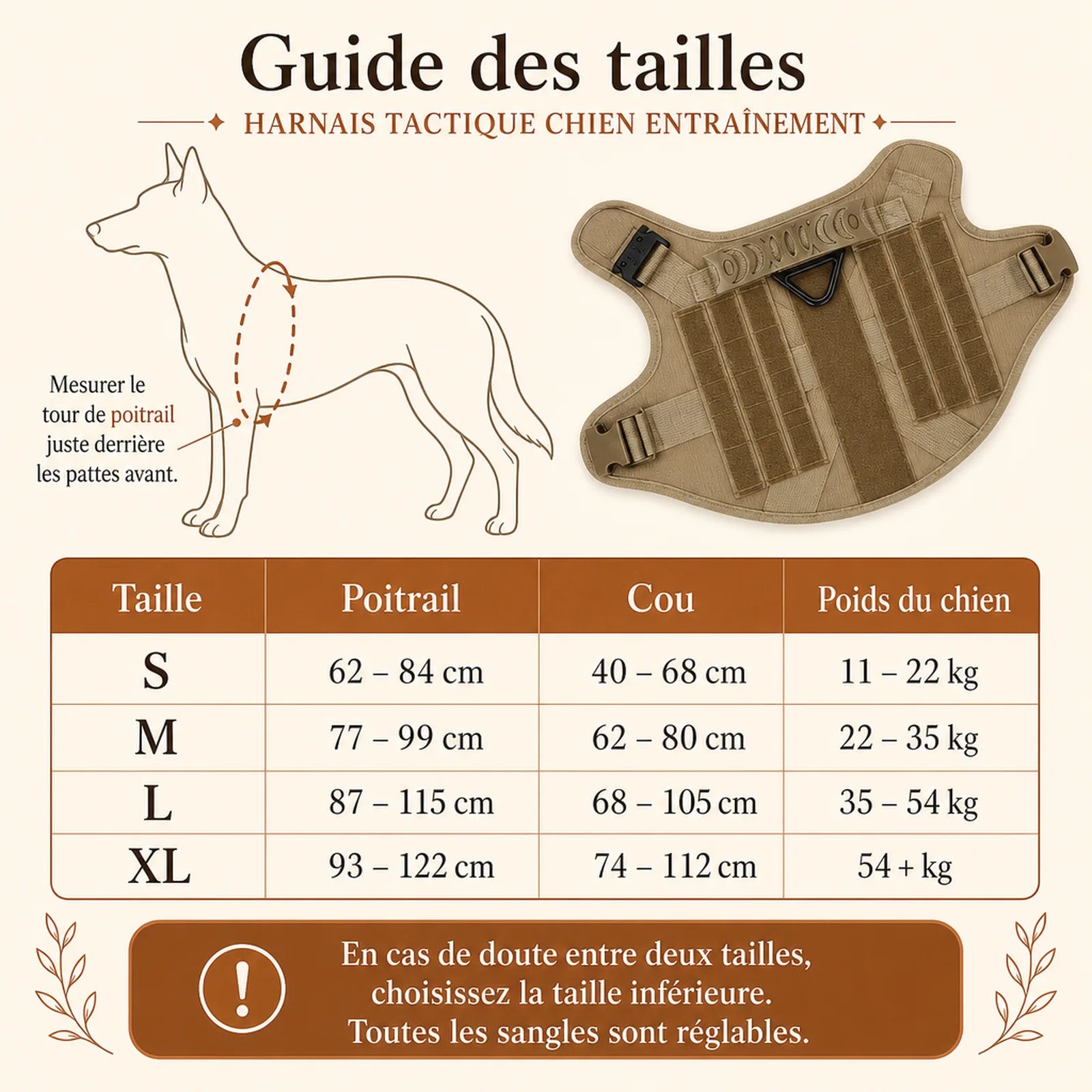 Harnais tactique chien entrainement - guide des tailles S M L XL
