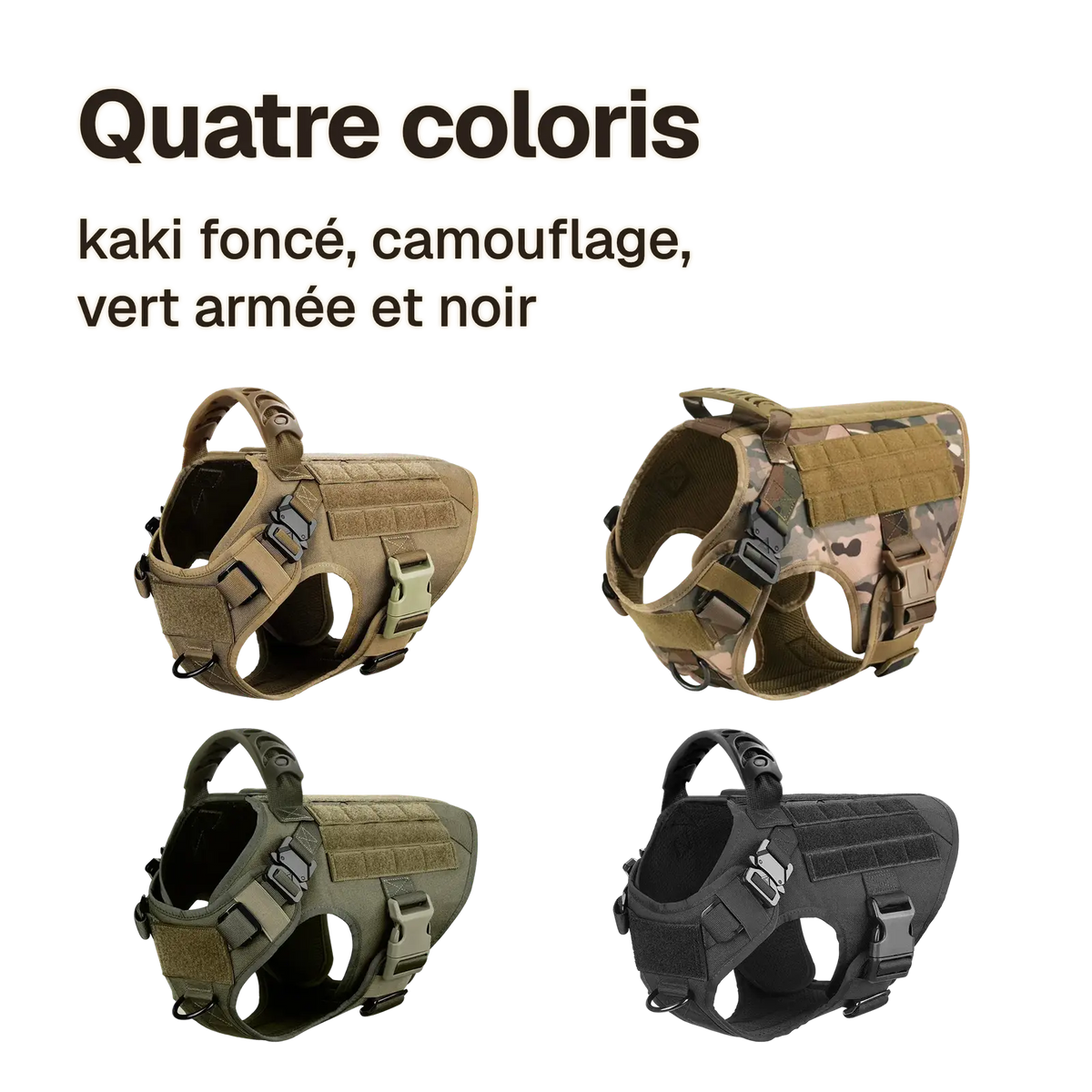 Harnais tactique chien entraînement en quatre coloris : kaki foncé, camouflage, vert armée et noir