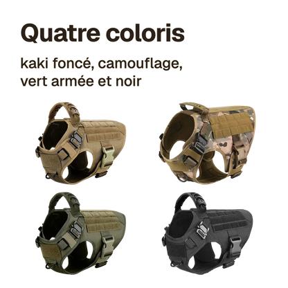 Harnais tactique chien entraînement en quatre coloris : kaki foncé, camouflage, vert armée et noir