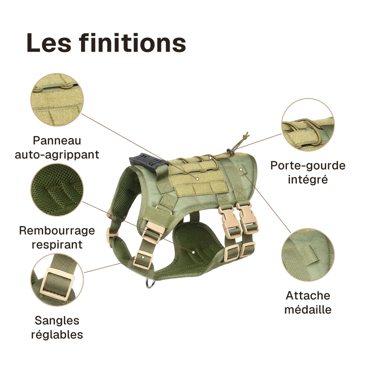 Les finitions du harnais tactique chien Modulable : porte-gourde intégré, attache médaille, panneau auto-agrippant, rembourrage respirant, sangles réglables