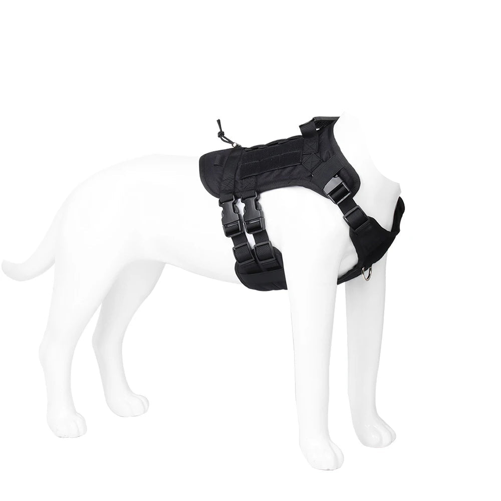 Harnais tactique chien Modulable coloris noir, présenté sur mannequin