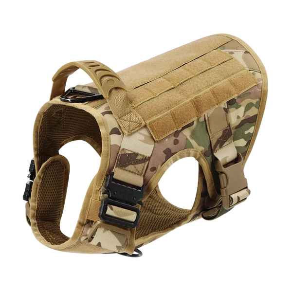Harnais Tactique Chien Molle coloris camouflage, vue de trois quarts arrière