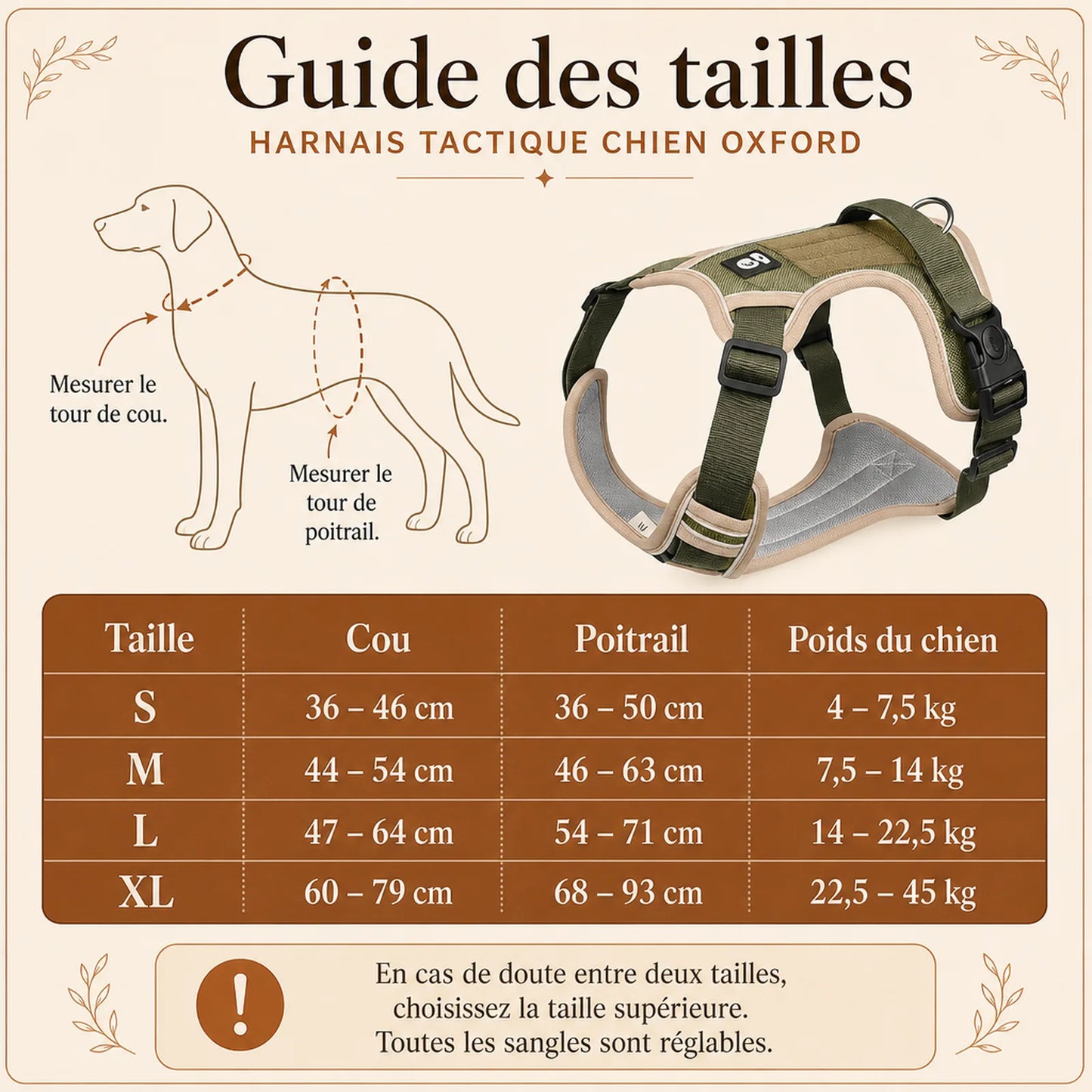 Harnais tactique chien oxford - guide des tailles S M L XL