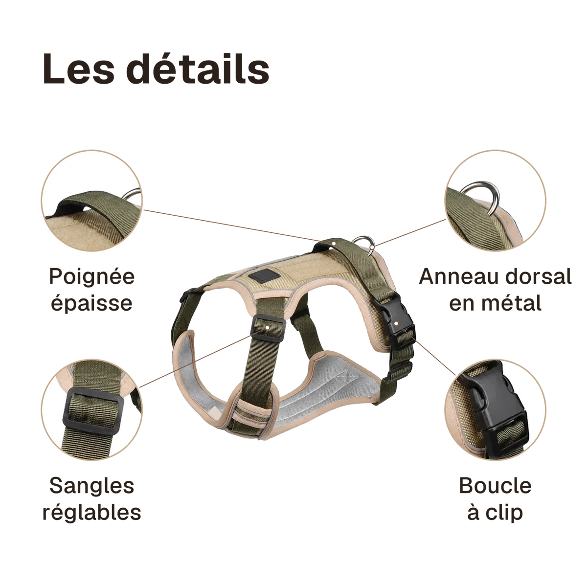 Les détails du harnais Tactique Chien Oxford : poignée épaisse, anneau dorsal en métal, boucle à clip, sangles réglables