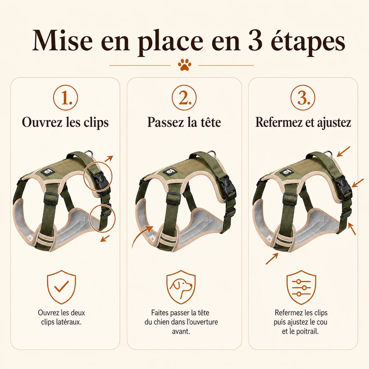 Harnais tactique chien oxford - mise en place en 3 etapes