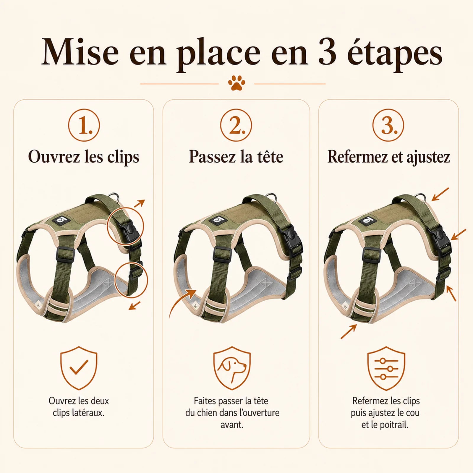 Harnais tactique chien oxford - mise en place en 3 etapes