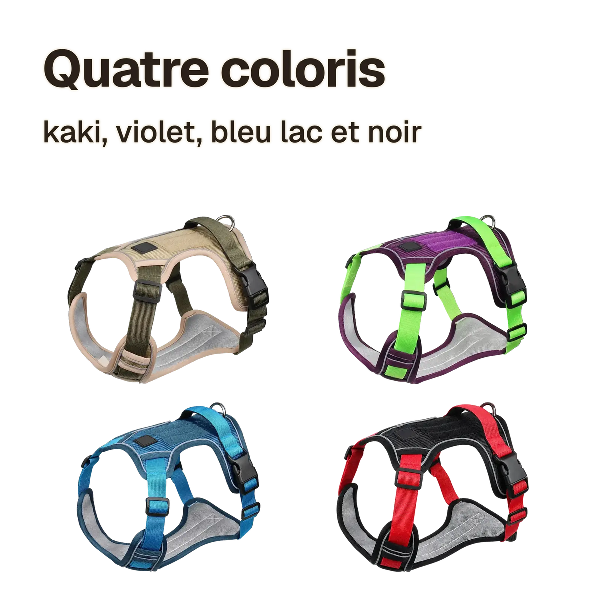 Harnais Tactique Chien Oxford en quatre coloris : kaki, violet, bleu lac et noir