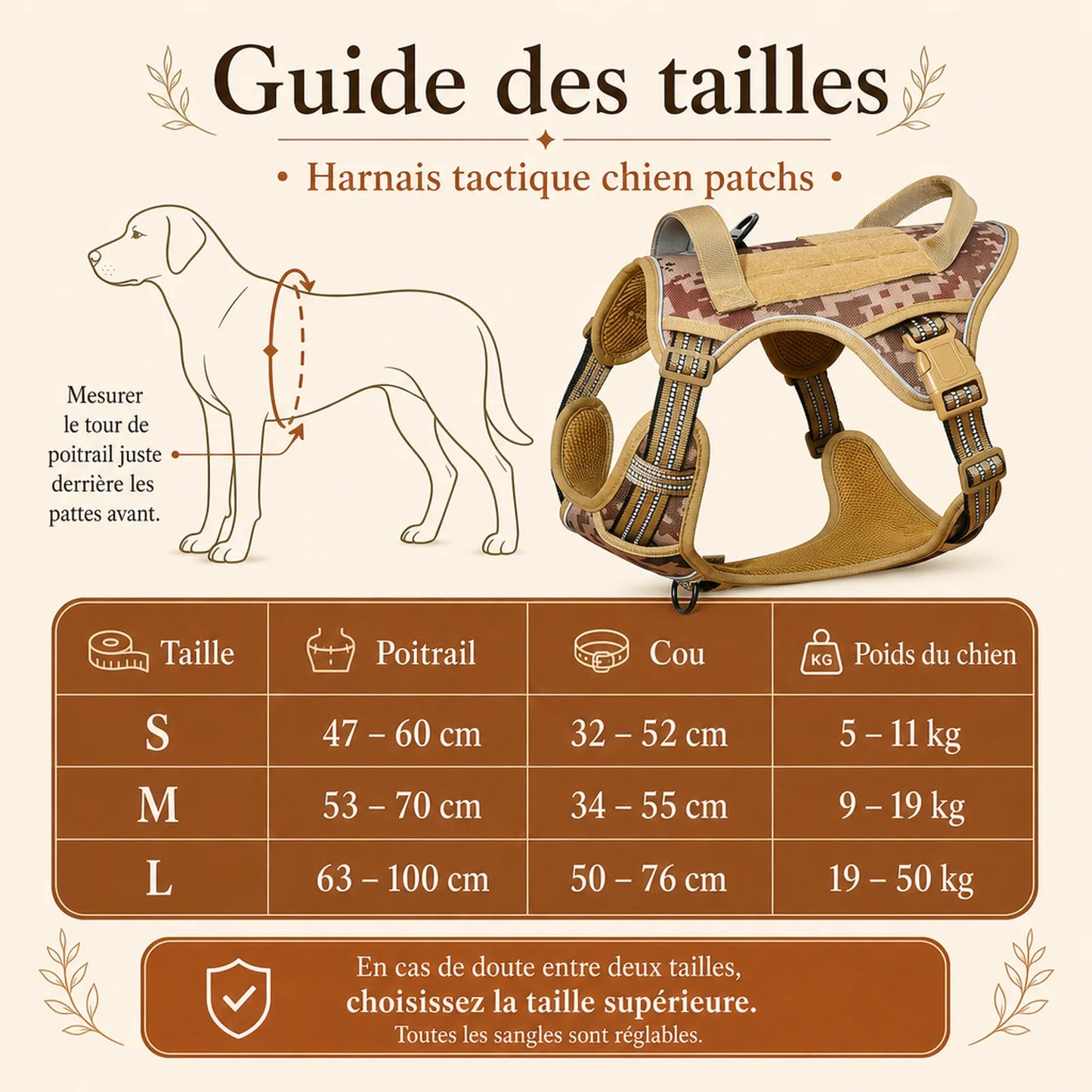 Harnais tactique chien patchs - guide des tailles S M L