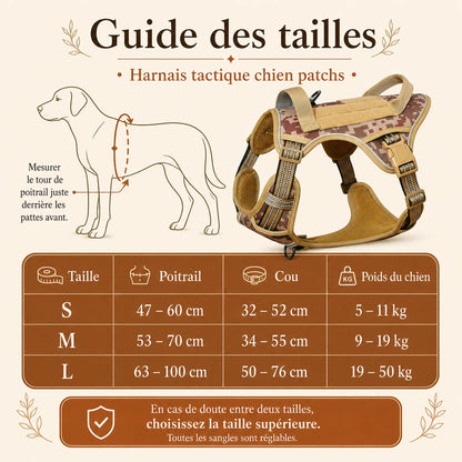 Harnais tactique chien patchs - guide des tailles S M L