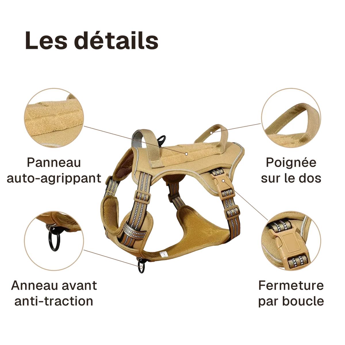 Les détails du harnais Tactique Chien Patchs : poignée sur le dos, panneau auto-agrippant, anneau avant anti-traction, fermeture par boucle