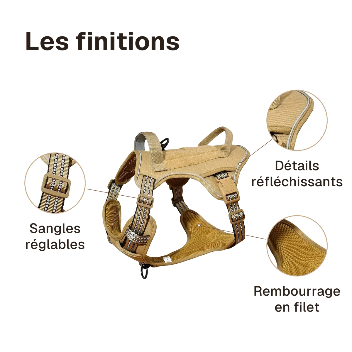 Les finitions du harnais Tactique Chien Patchs : rembourrage en filet, détails réfléchissants, sangles réglables