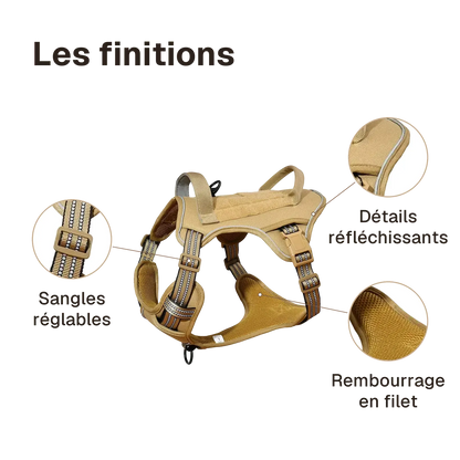 Les finitions du harnais Tactique Chien Patchs : rembourrage en filet, détails réfléchissants, sangles réglables