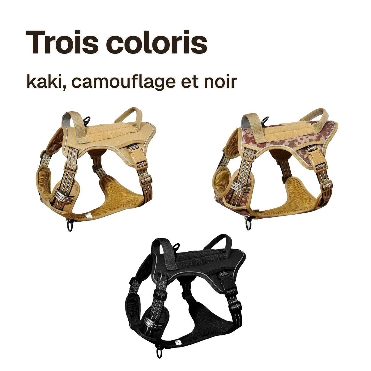 Les trois coloris du harnais Tactique Chien Patchs : kaki, camouflage et noir
