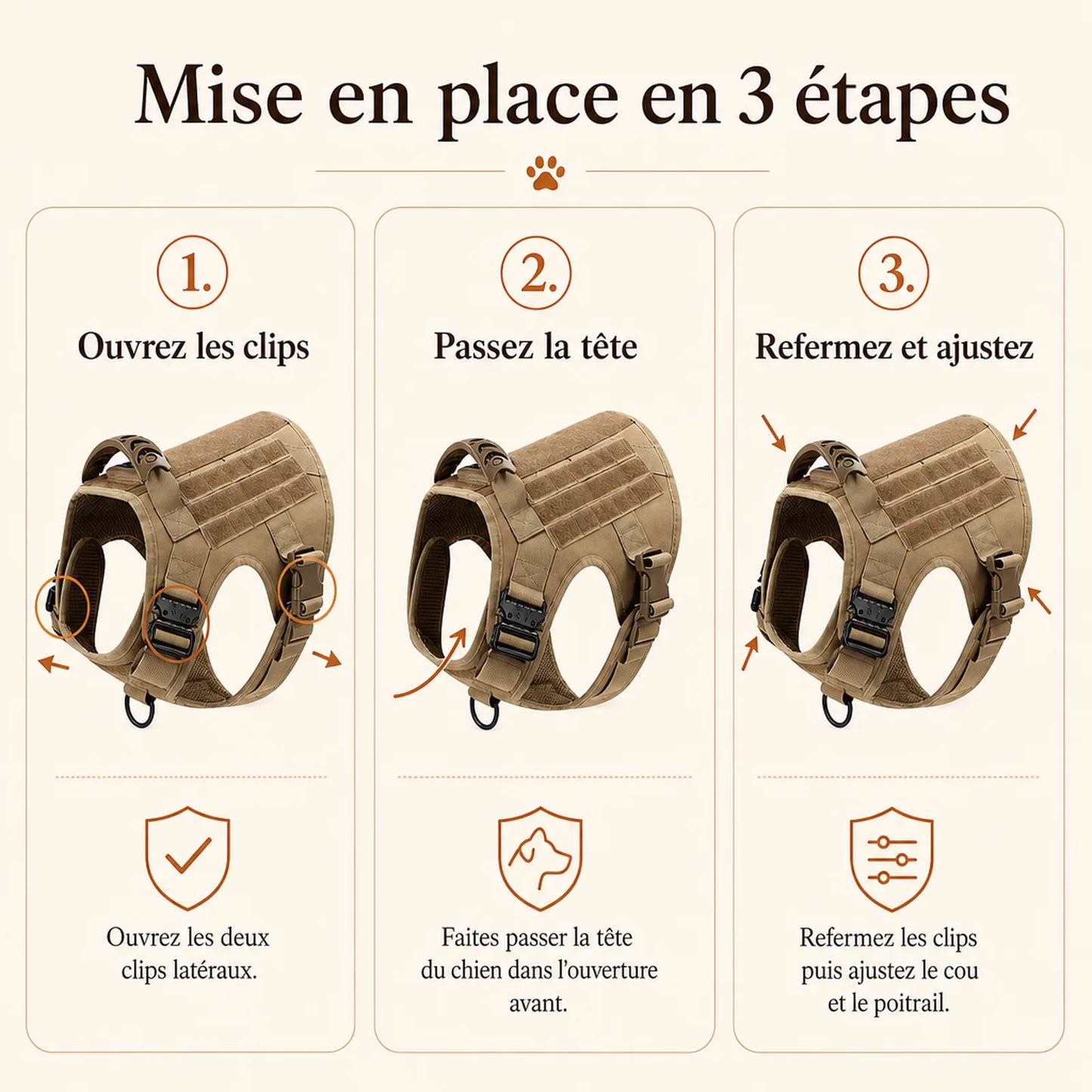 Harnais tactique chien pochettes - mise en place en 3 etapes