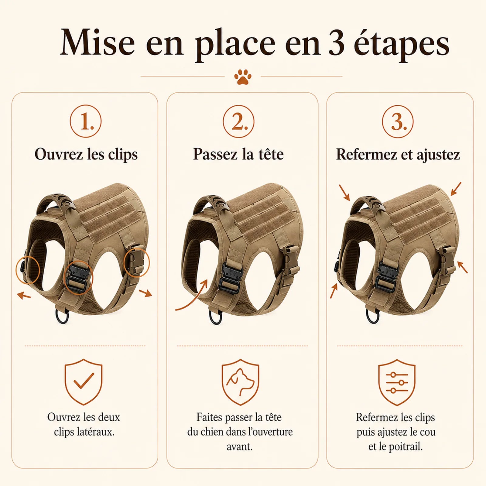 Harnais tactique chien pochettes - mise en place en 3 etapes