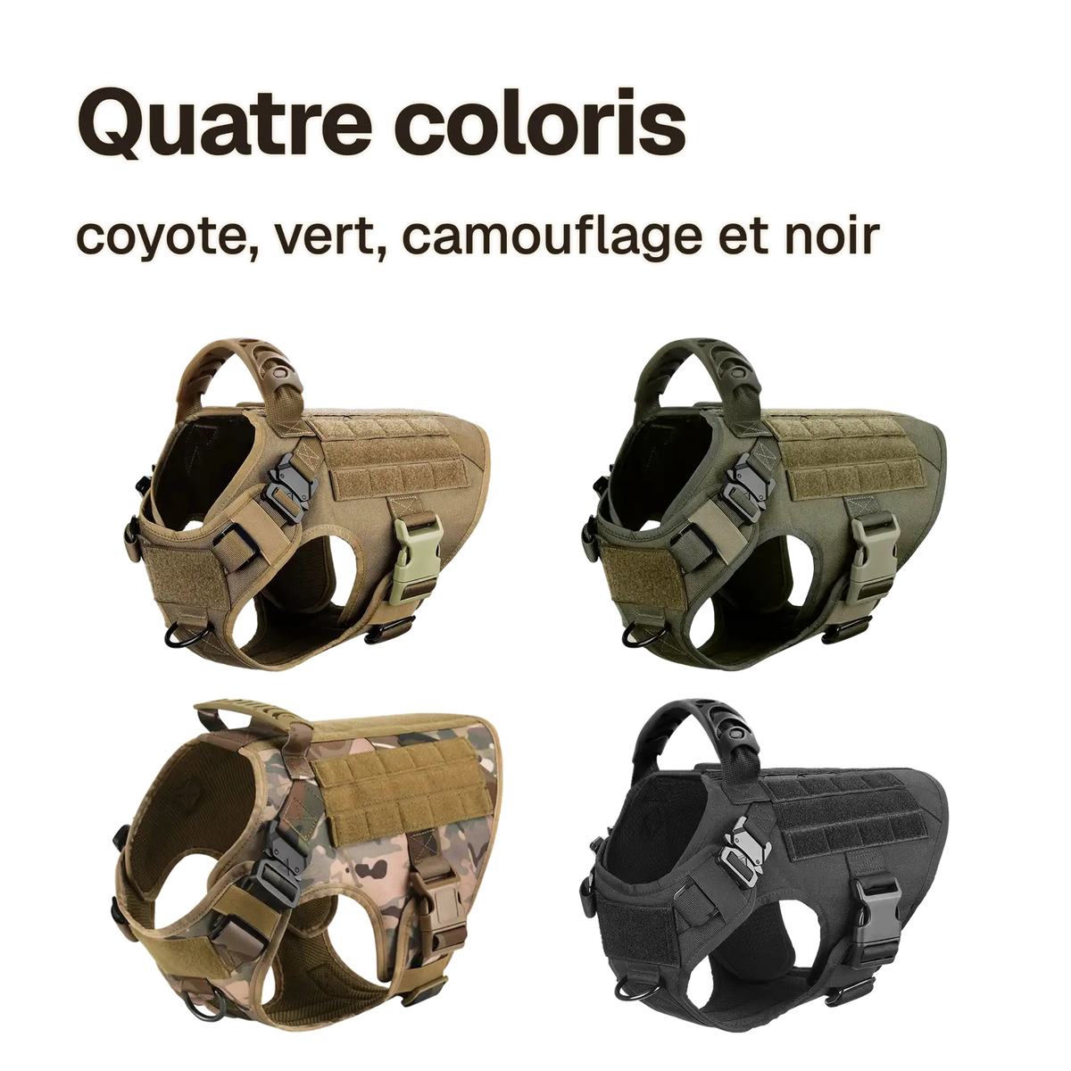 Harnais tactique chien à rails MOLLE en quatre coloris : coyote, vert, camouflage et noir