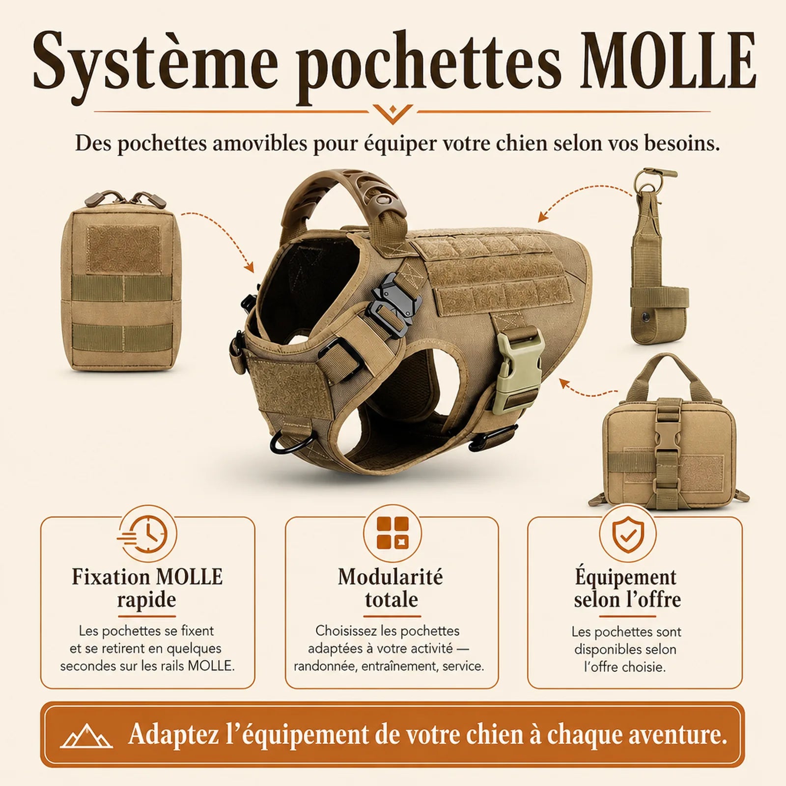 Harnais tactique chien pochettes - systeme pochettes MOLLE modulable