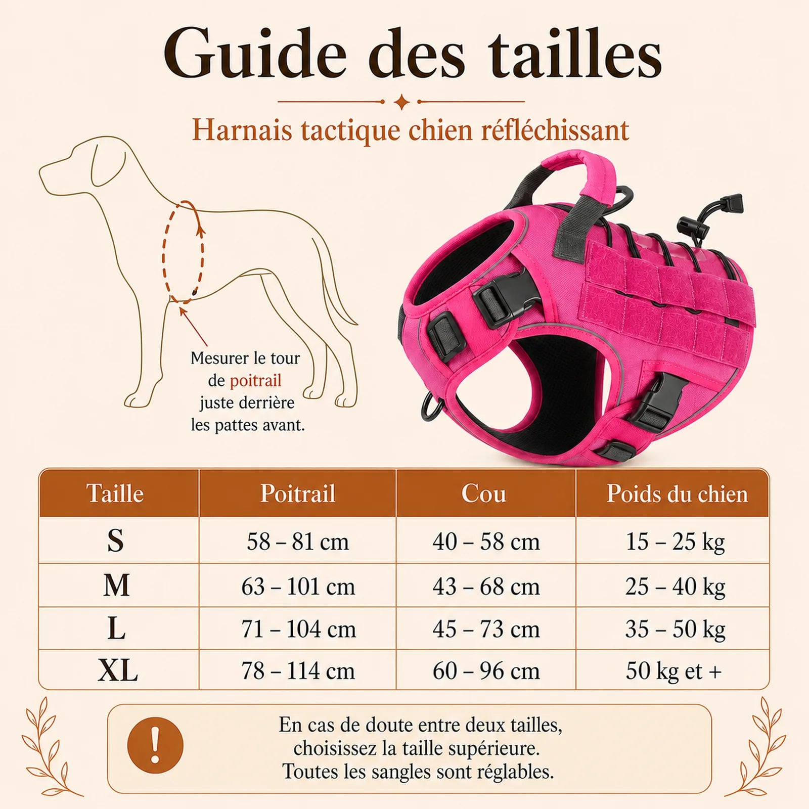Harnais tactique chien reflechissant - guide des tailles S M L XL