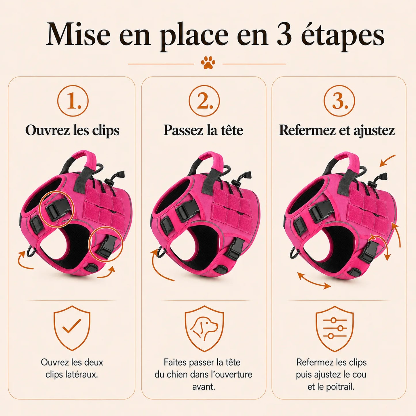 Harnais tactique chien reflechissant - mise en place en 3 etapes