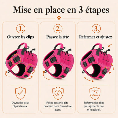 Harnais tactique chien reflechissant - mise en place en 3 etapes
