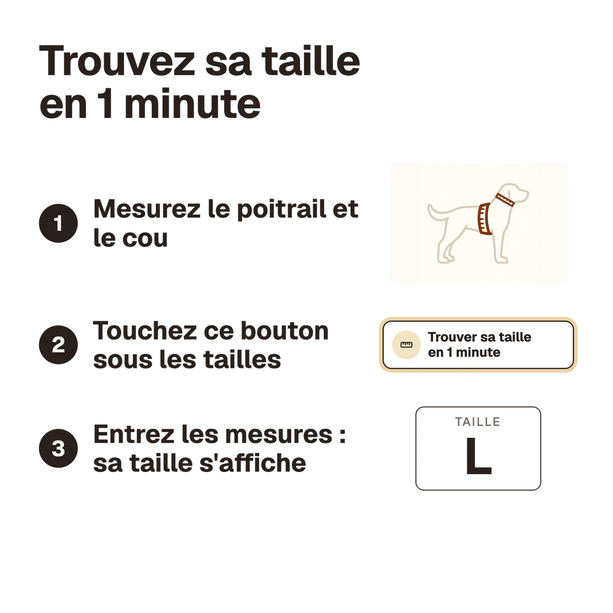 Trouvez la taille du harnais tactique chien réfléchissant en 1 minute : mesurez le poitrail et le cou, touchez le bouton sous les tailles, entrez les mesures, sa taille s'affiche