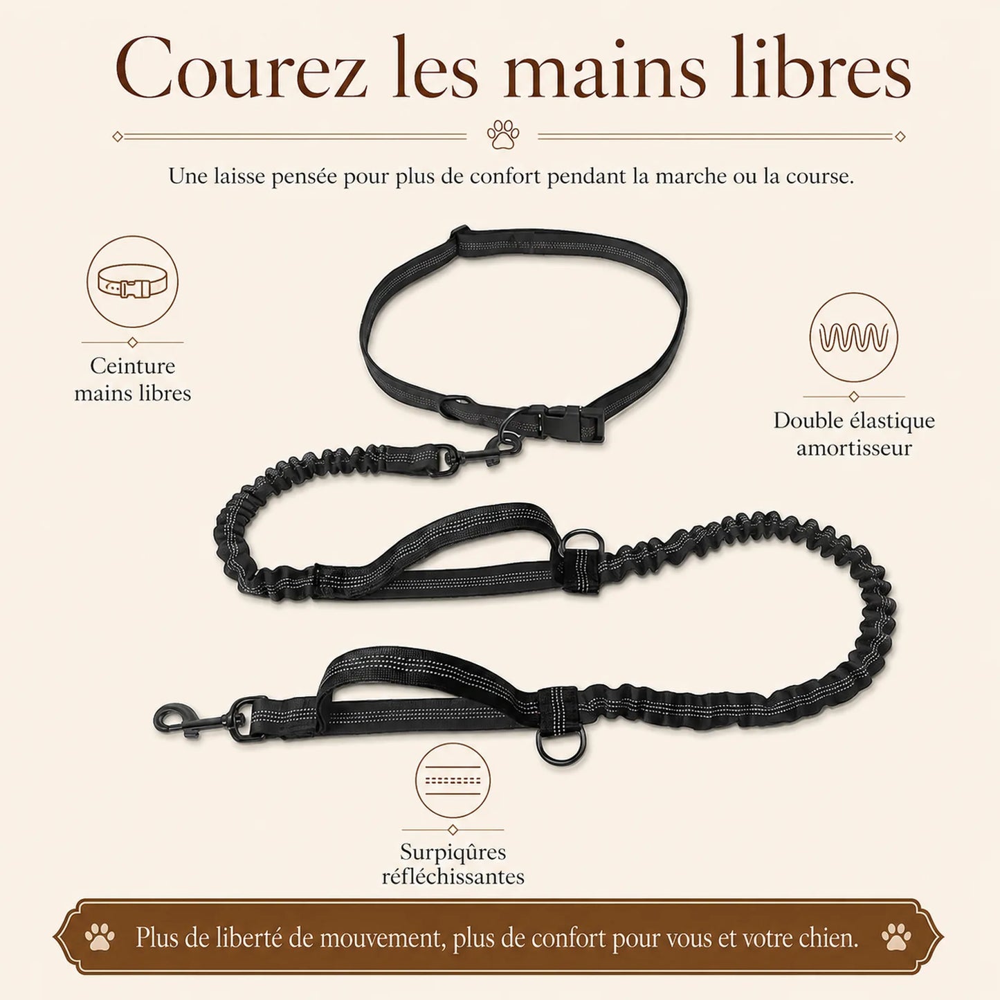 laisse elastique reflechissante mains libres chien benefice principal
