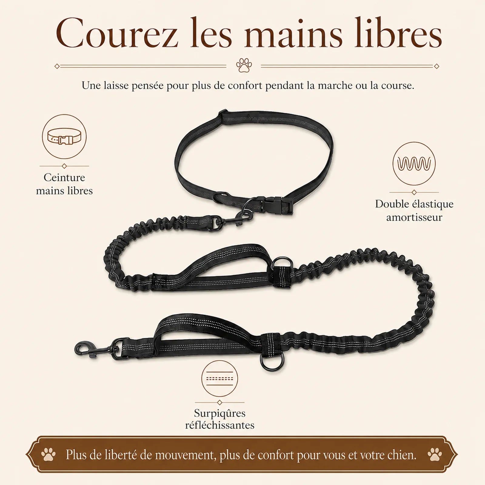 laisse elastique reflechissante mains libres chien benefice principal