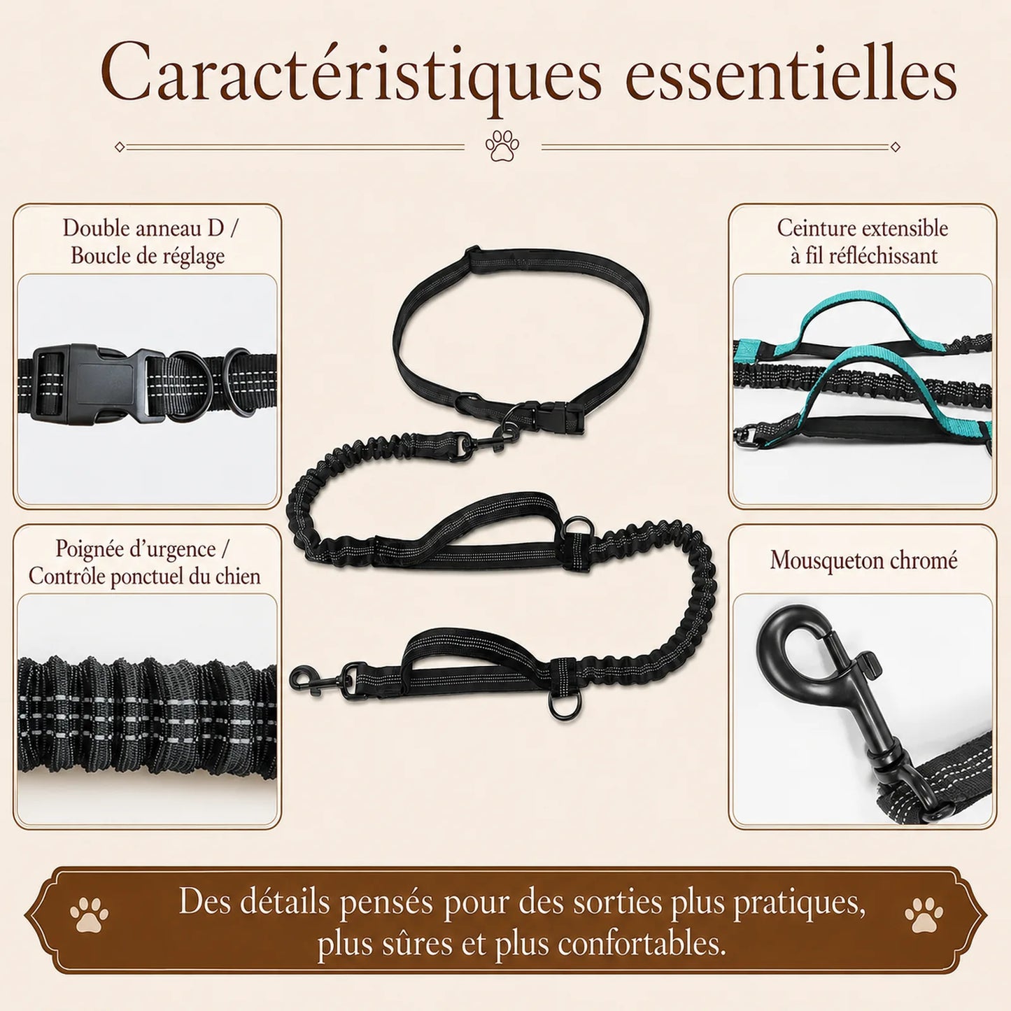 laisse elastique reflechissante mains libres chien caracteristiques essentielles