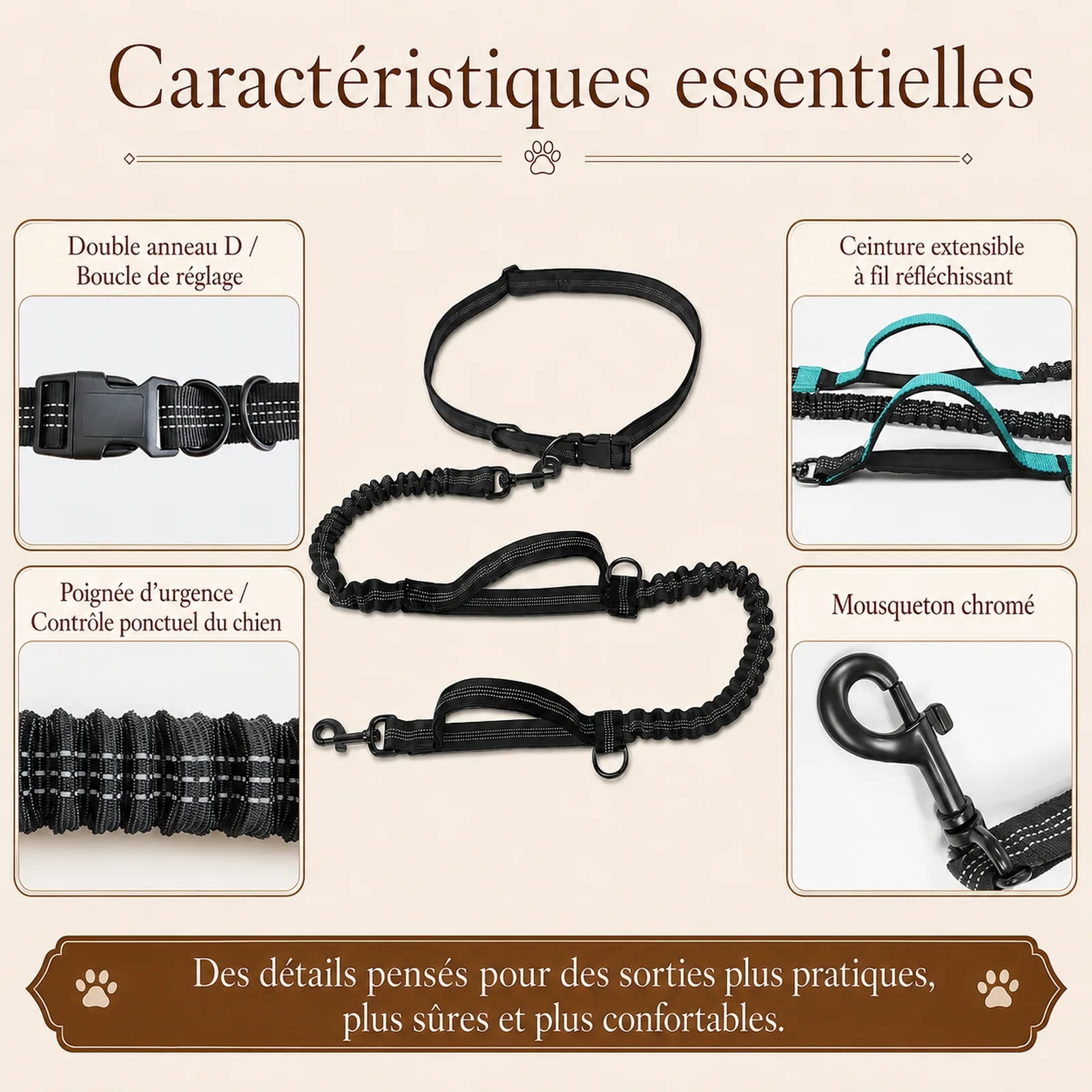 laisse elastique reflechissante mains libres chien caracteristiques essentielles