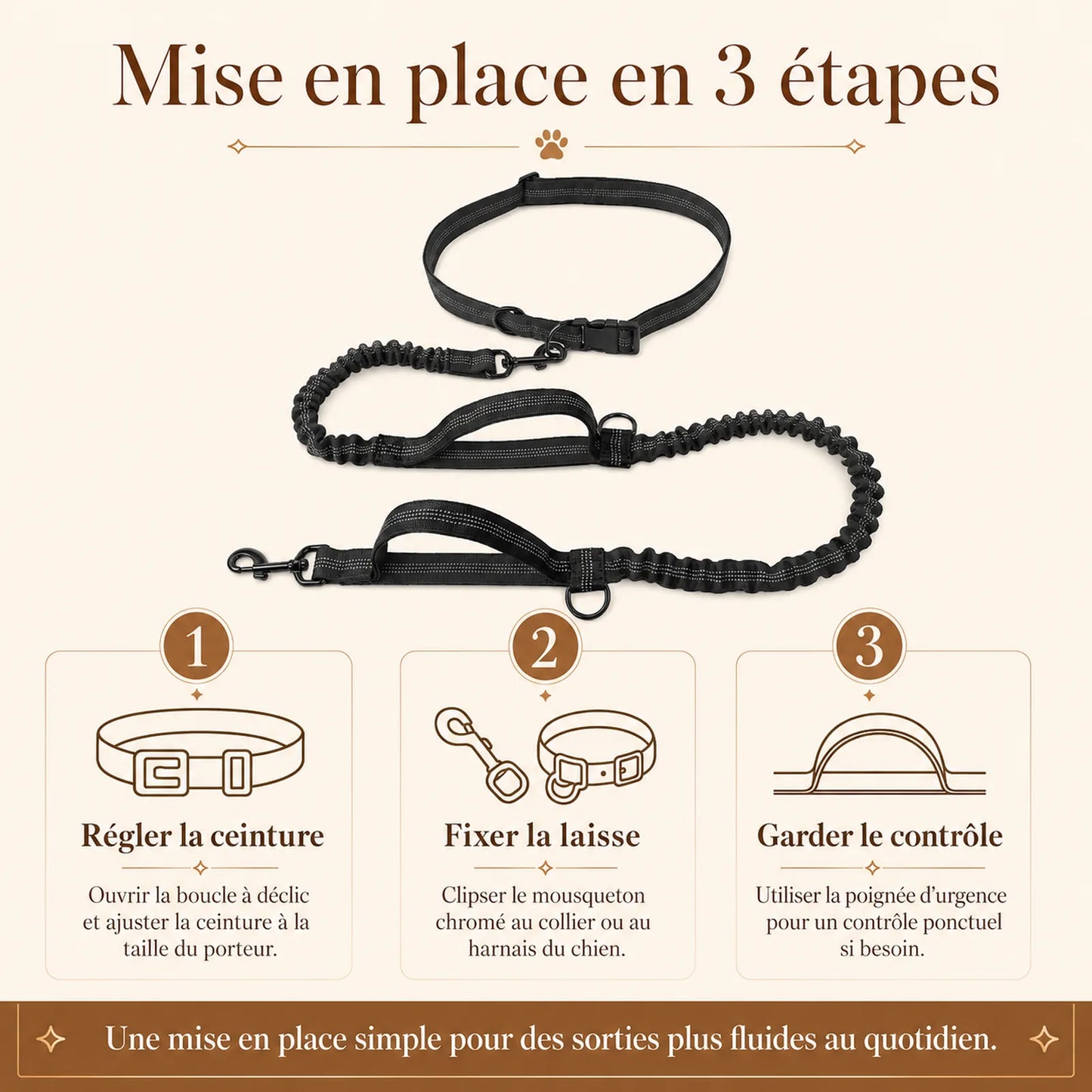 laisse elastique reflechissante mains libres chien mise en place 3 etapes