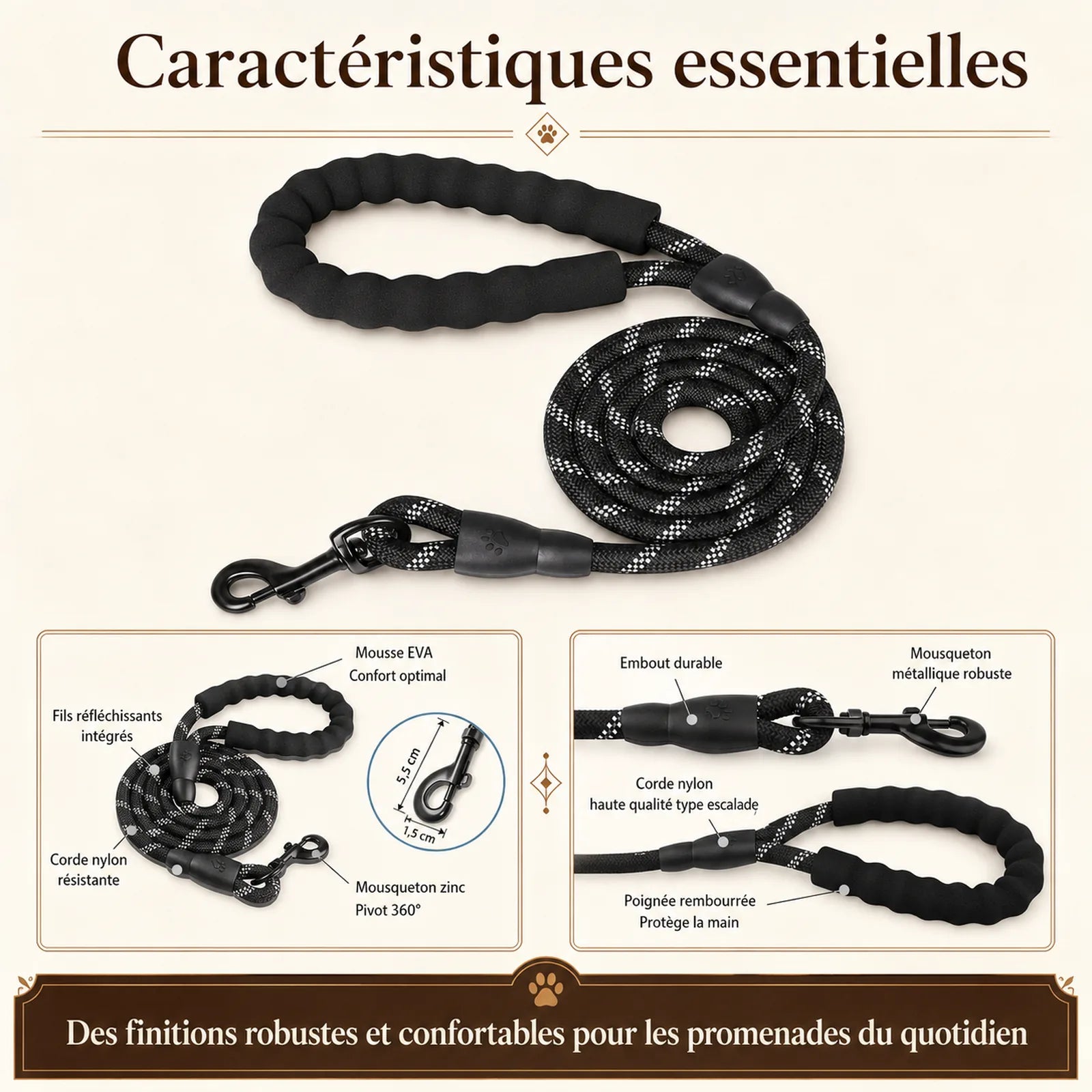 laisse reflechissante renforcee poignee rembourree caracteristiques essentielles
