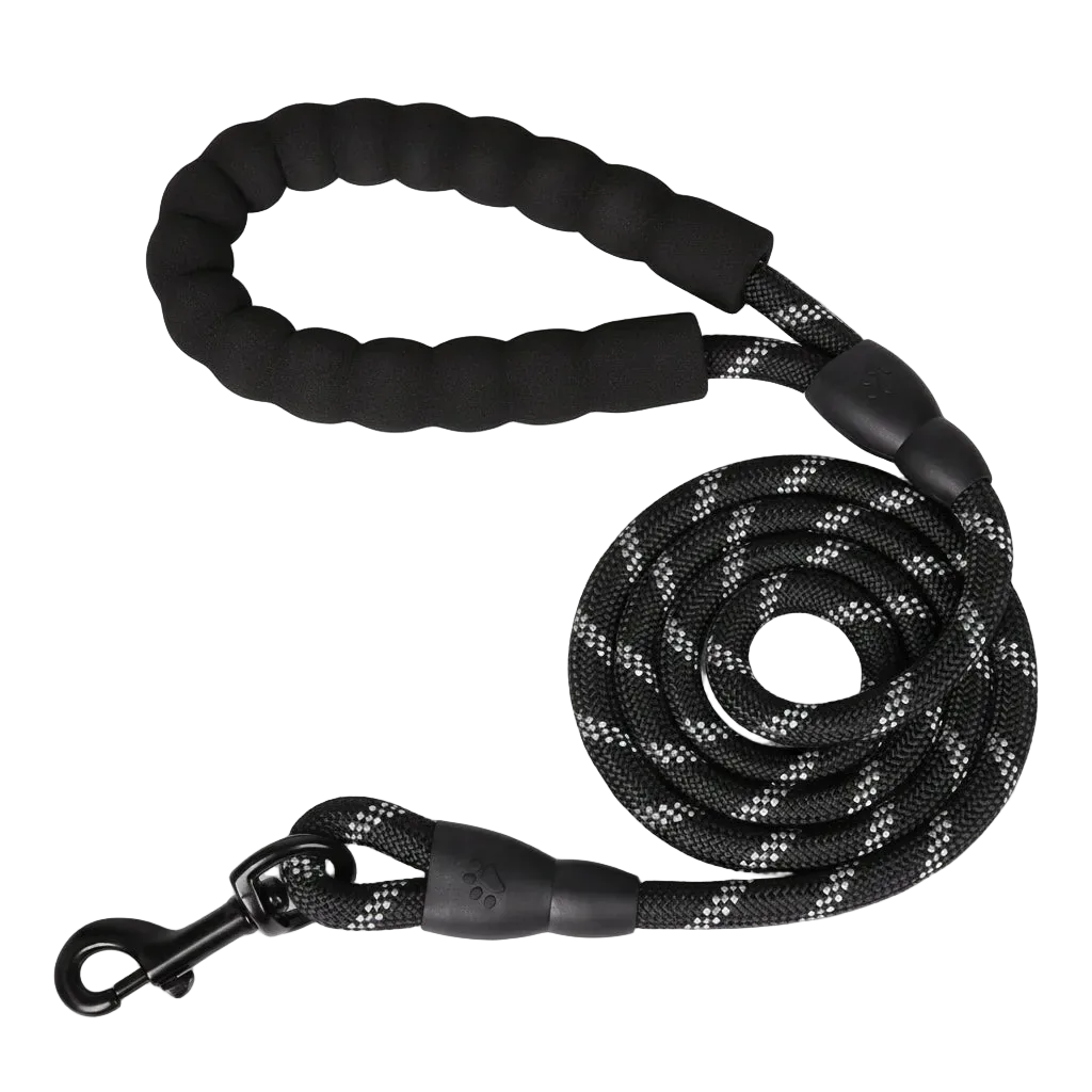 Laisse réfléchissante renforcée à poignée rembourrée pour chien, coloris noir
