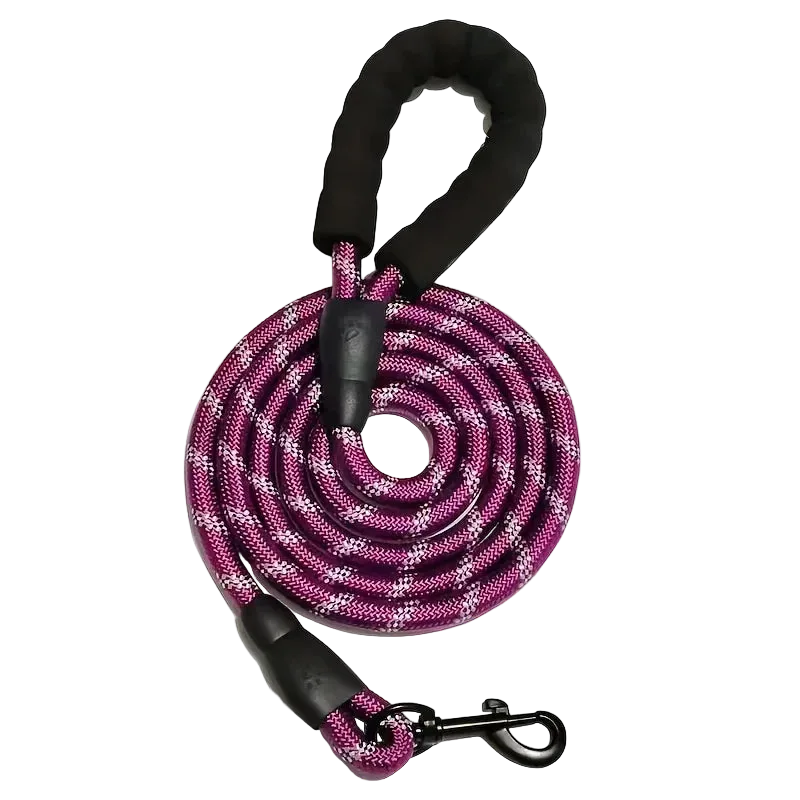 Laisse réfléchissante renforcée à poignée rembourrée pour chien, coloris violet, enroulée