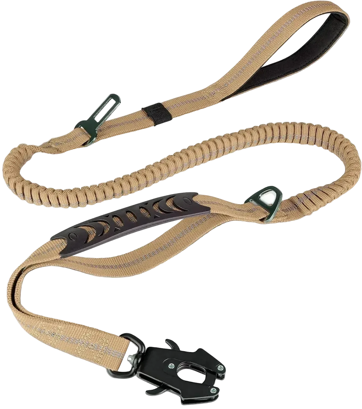 Laisse tactique amortissante à double poignée pour chien, coloris beige et kaki