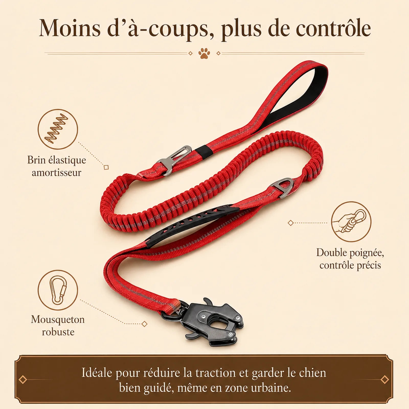 laisse tactique amortissante double poignee benefice principal
