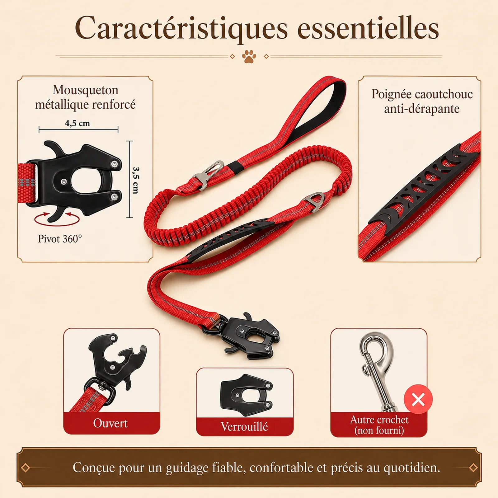 laisse tactique amortissante double poignee caracteristiques essentielles