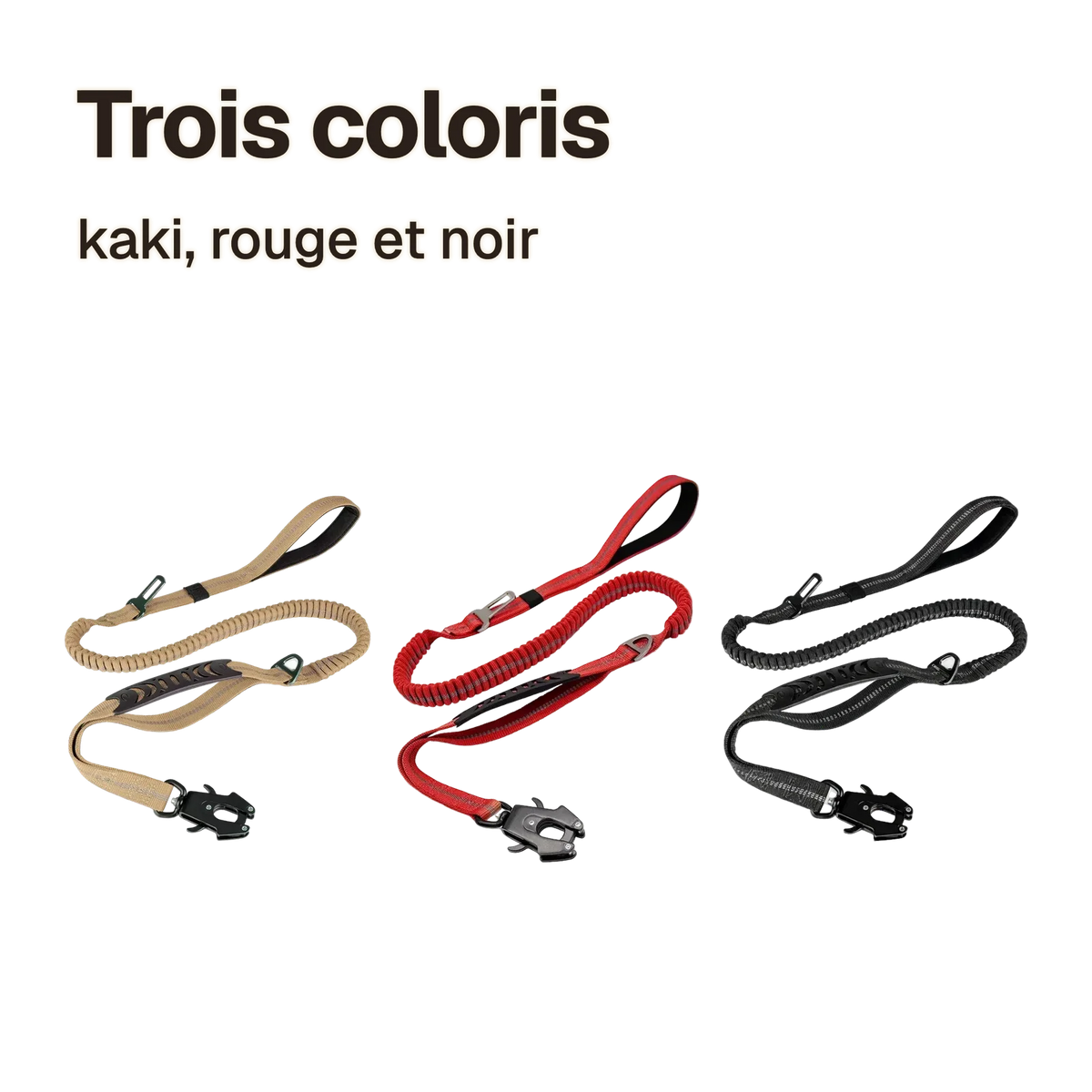 Laisse anti-traction amortissante à double poignée : trois coloris, kaki, rouge et noir