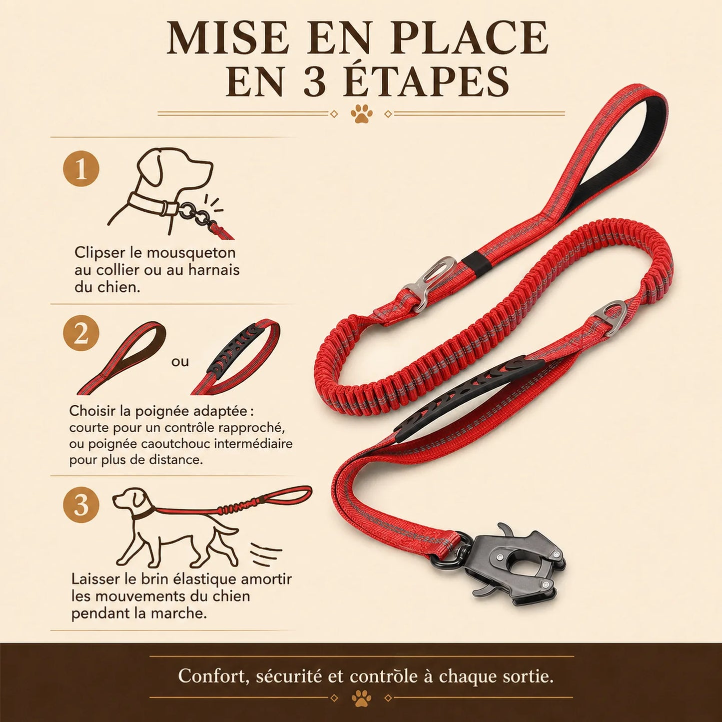laisse tactique amortissante double poignee mise en place 3 etapes