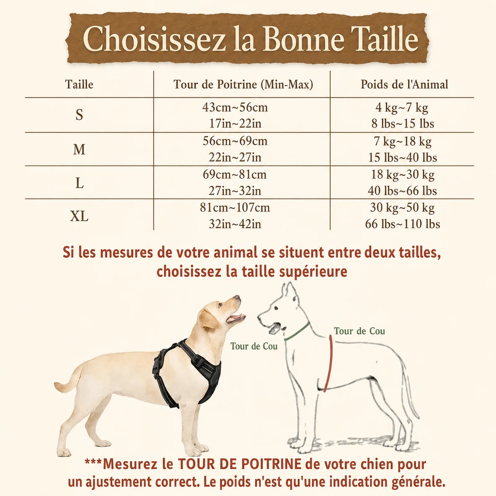 Harnais Chien Poignée Polyvalent - Guide des tailles