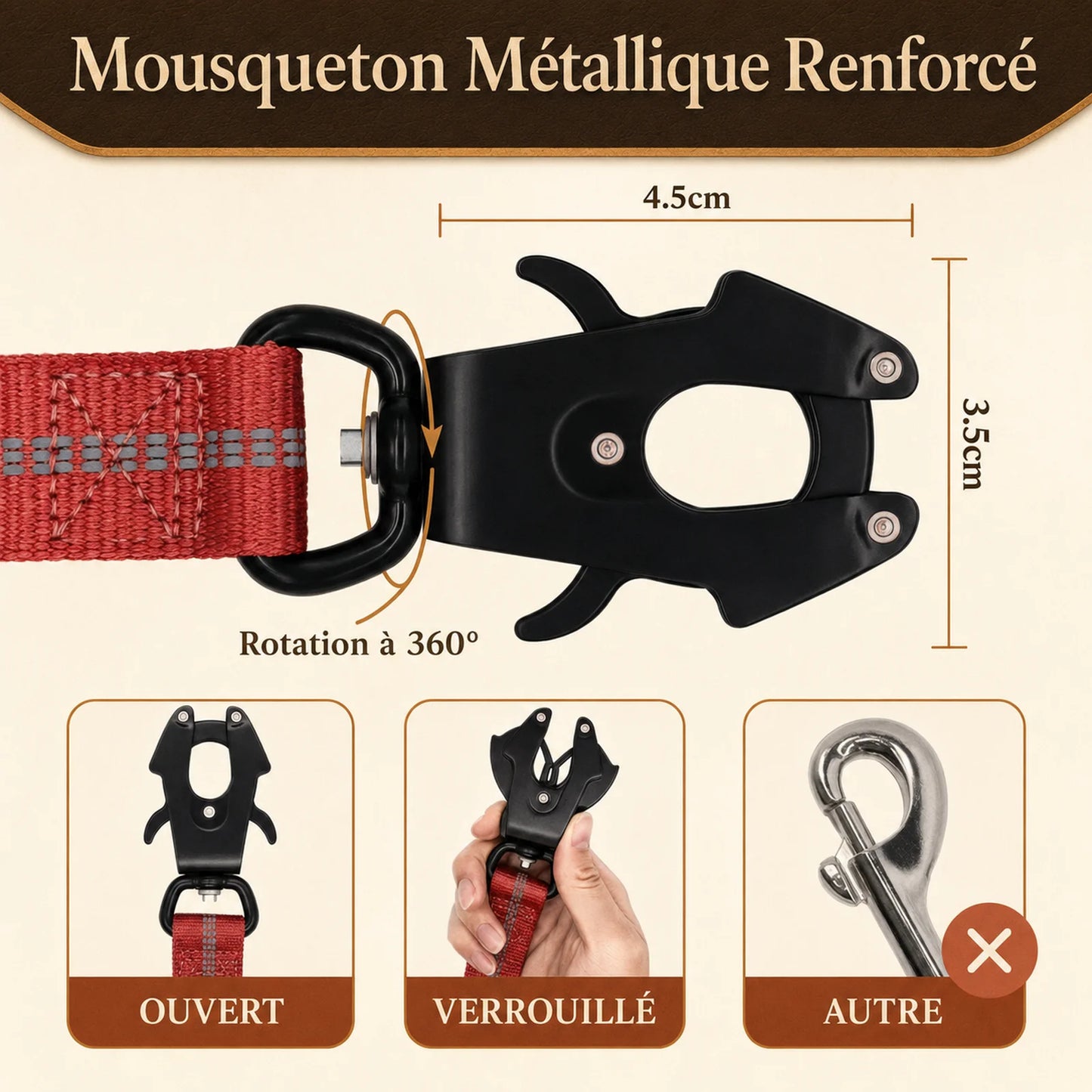 Laisse Tactique Amortissante Double Poignée - Mousqueton renforcé